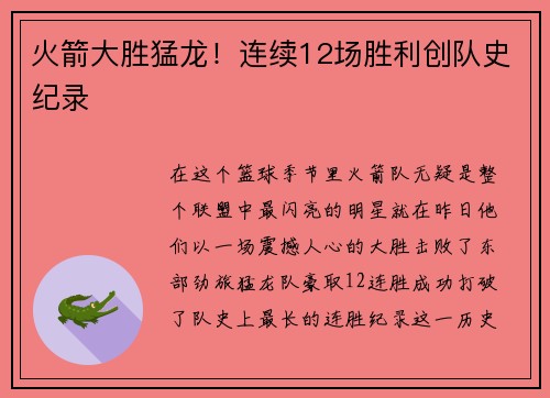 火箭大胜猛龙！连续12场胜利创队史纪录