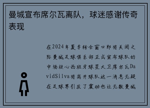 曼城宣布席尔瓦离队，球迷感谢传奇表现